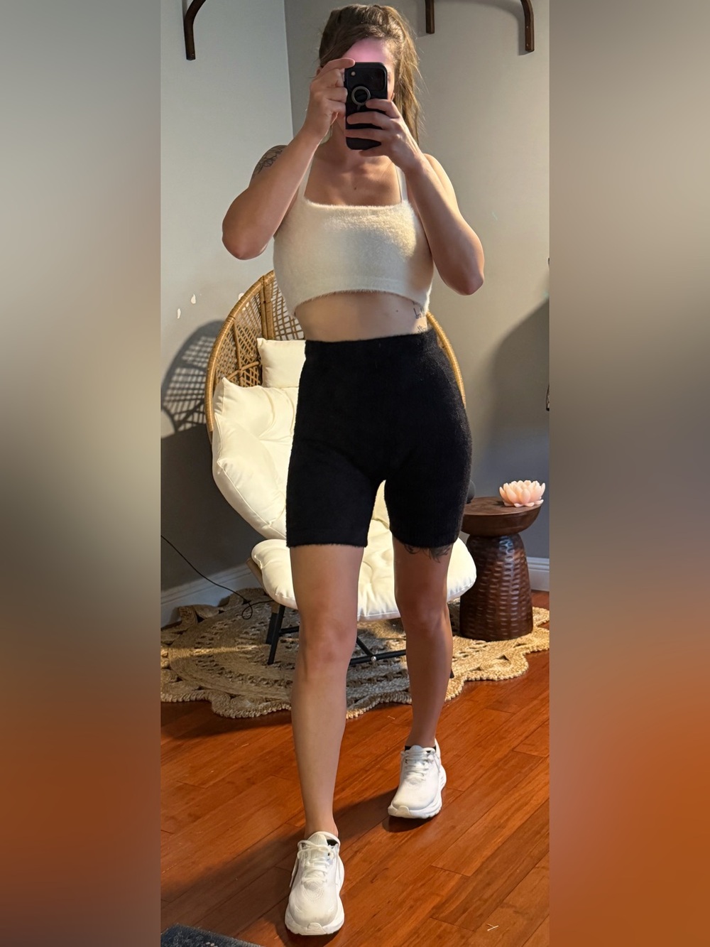 Gymshark Whitney Simmons Black High-Waist Cozy Knit Bike Shorts and white top